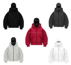 Sweat-shirt et sweat à capuche pour homme avec masque facial, imprimé brodé personnalisé, fermeture éclair, lavage à la pierre, délavé, déchiré, style balaclava ninja - Product Image 1