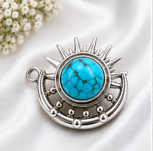 Turquoise Sterling Silver Pendant, Blue Gemstone <b>Necklace</b>, Celestial Sun Pendant, Boho Jewelry, Handmade Silver Pendant - Product Image 2