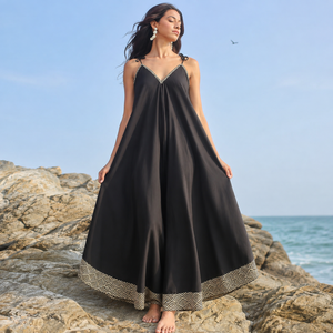 Women's <b>Black</b> Boho <b>Kaftan</b> Maxi <b>Dress</b> V-Neck Batwing Sleeves Contrast Hem 100% Cotton Breathable Lightweight Summer Beach Casual - Product Image 4