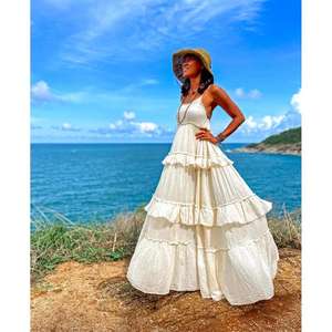 Robe maxi bohème pour femmes, sans manches, à volants superposés, longue robe de plage, robe maxi en coton pour les vacances d'été - Product Image 3