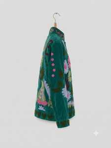 Green <b>Velvet</b> Knitted Embroidered Boho Quilted Cotton <b>Jacket</b> Floral Pockets Long Sleeve O-Neck Loose Fit Women Autumn Party Wear - Product Image 6
