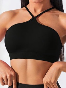 Women Criss Cross <b>Neck</b> Seamless Sports Crop Top Four Way Stretch Gym Training Bra Removable <b>Padded</b> Athleisure Apparel - Product Image 1