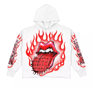 White Hooded Sweatshirt <b>Men</b> Oversized Streetwear Flame Lips Print Knitted Polyester Autumn Wear - Product Image 1