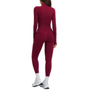 <b>Women</b> 2 Piece Yoga Set Long Sleeve Crop <b>Top</b> High Waist Leggings Solid Black Seamless Zipper Front Activewear Workout Wear - Product Image 1