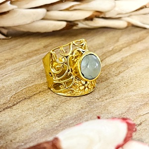Vintage Style Boho Gemstone <b>Ring</b> Vintage Brass <b>Rings</b> Women 18k Gold Plated Filigree Wide Band <b>Statement</b> for Wholesale/OEM/ODM - Product Image 3