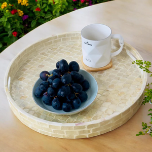 Bandeja decorativa redonda para desayuno MOP, bandeja con incrustaciones de MOP y concha de capiz blanca, bandeja otomana de nácar. - Product Image 3