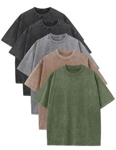 Camiseta Oversize de Algodón Lavado para Hombre, Casual, de Color Liso, Manga Corta, Cuello Redondo, Jersey, Verde, Gris, Marrón, Negro - Product Image 1