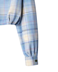 Chemisier court personnalisé à carreaux bleus pour femme, col rabattu, manches longues, boutonné, style décontracté, fabricant OEM - Product Image 2