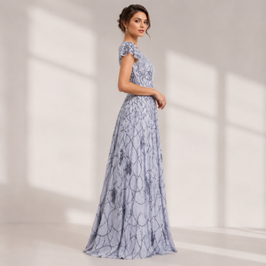 Elegant Blue White Floral Maxi Dress for Women V Neck Flutter Sleeve Long Formal Party Evening Summer Wedding Guest Gown Outfit - Product Image 2