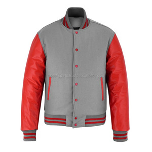 2026 OEM Men's <b>Top</b> Trending Grey Wool With Red <b>Leather</b> Sleeves Varsity Jacket 100% <b>High</b> Quality Low MOQ Heated Fashion Jackets - Product Image 1