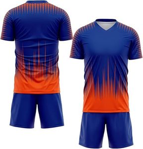 เสื้อฟุตบอลแบบซับลิเมชั่นสีน้ำเงินไล่เฉดสีส้ม คอวี แขนสั้น ระบายเหงื่อได้ดี สำหรับผู้ใหญ่ชาย พิมพ์ชื่อทีมได้ - Product Image 4