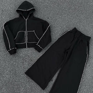 Luxury Rhinestone Two Piece Set Women Streetwear Studded Cropped <b>Zip</b> Up Hoodie and Wide Leg Sweatpants Tracksuit Sweatsuit - Product Image 1
