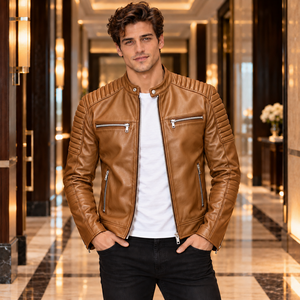 Veste en cuir véritable pour homme, style motard, avec manches rembourrées, fermeture éclair asymétrique, ceinture à la taille, vêtement d'extérieur de luxe pour l'hiver - Product Image 1