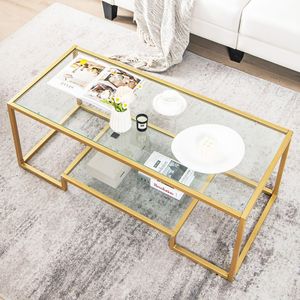 Moderno tavolino rettangolare a 2 livelli con piano in vetro mobile da soggiorno - Product Image 2