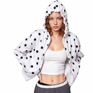 Sweat-shirt à capuche zippé à pois pour femme, col montant décontracté, manches longues, en coton, avec poches, pour l'automne - Product Image 2