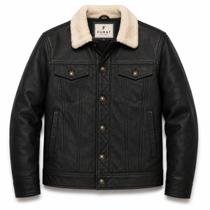Veste de camionneur en cuir noir vieilli Furat Leathers, respirante, coupe-vent, col montant, fermeture éclair, pour homme, hiver - Product Image 1