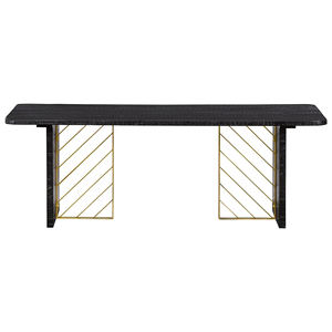 Table basse moderne pour salon, en bois de manguier massif, finition noire foncée avec accents dorés, plateau carré à bords courbes et piètement métallique, très demandée - Product Image 2