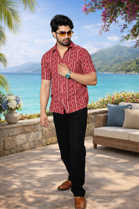 Men's 100% Cotton Red Printed ODM <b>Half</b> Sleeve Eco-Friendly Breathable Washable Customizable Casual Vacation Beach Style Summer - Product Image 2