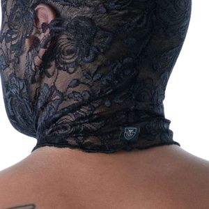 หน้ากากหนังสีดำแบบเปิดปาก ดีไซน์เซ็กซี่สำหรับผู้ชาย  วัสดุกันน้ำ เป็นมิตรกับสิ่งแวดล้อม  ตกแต่งด้วยลูกไม้  เหมาะสำหรับใส่ไปคลับ - Product Image 6