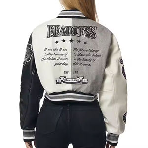 Custom Logo Women Cropped Varsity <b>Jacket</b> Heavyweight Embroidered Patch Leather Sleeve <b>Vintage</b> Y2K Letterman <b>Bomber</b> <b>Jacket</b> - Product Image 4