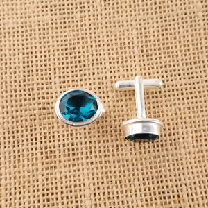 Indian Style Handmade 925 Sterling <b>Silver</b> Plated Blue Apatite Gemstone Luxury <b>Cuff</b> Link Set Unisex for Wedding Everyday - Product Image 3