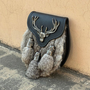 HOT SELL Men's Scottish Grey Fur Stag Head Badge 3 Tassels Kilt Sporran With <b>Chain</b> <b>Belt</b> Costume Accessories - Product Image 2