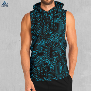 Ropa exterior de material transpirable y suave al tacto con logo personalizado impreso en sudaderas sin mangas azules cibernéticas al por mayor para hombres - Product Image 1