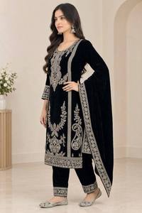 Ensemble indien pakistanais en velours noir brodé, sans plis, costume formel Anarkali, tenue trois pièces Salwar Kameez pour mariage - Product Image 2