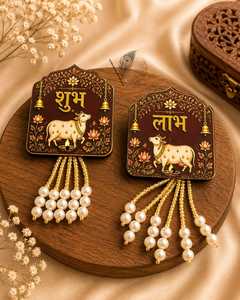 Luxury Handmade Shubh Labh <b>Wall</b> Hanging with Pearl Tassels Sacred Cow Motif Traditional Hindu Home Decor Diwali Decoration - Product Image 1