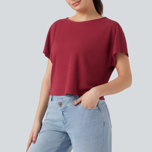 Haut court d'été pour femme, tricot côtelé à manches courtes, couleur unie personnalisable, coupe ajustée ou ample, boutonné – Meilleure vente - Product Image 3