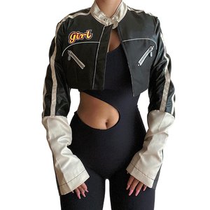 PU Woven Motorcycle <b>Jacket</b> Full Sleeve Zip <b>Punk</b> Streetwear Vintage Windproof Autumn Coat Stand Collar Front Logo - Product Image 5