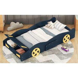 Letto a piattaforma a forma di auto da corsa blu scuro e giallo, singolo, con ruote e contenitore, per bambini - Product Image 5