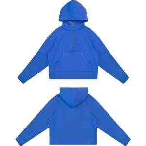 เสื้อฮู้ดครอปสีน้ำเงินแบบยูนิเซ็กซ์ ซิปครึ่งตัว ผ้าถักทรงโอเวอร์ไซส์ มีกระเป๋า สไตล์ลำลอง สีพื้น - Product Image 2