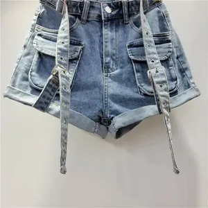 AMERICAN TRENCH CLOTHING Shorts de mujer de verano de talle alto, rasgados, de satén, transpirables, con estampado 3D vintage, lavado de color, con bolsillos y cremalleras - Product Image 4