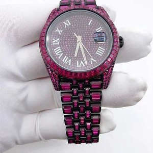 Montre de luxe rose sertie de diamants pour femme – Montre bracelet à cadran romain style diamant – Montre tendance en cristal noir et violet – Cadeau - Product Image 3