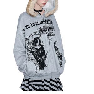 เสื้อฮู้ดซิปแต่งขนเฟอร์สีเทา พิมพ์ลายกราฟิกอนิเมะ ทรงโอเวอร์ไซส์ สไตล์ฮาราจูกุ Y2K กอธิค สตรีทแวร์ สำหรับผู้หญิงและผู้ชาย - Product Image 1