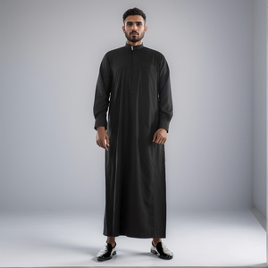 <b>Men</b> Black Polyester <b>Thobe</b> Long Sleeve Ankle Length Sweetheart Neckline Embroidered Breathable Casual Daily Wear Ramadan Prayer - Product Image 1