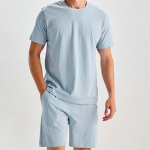 Men's <b>Light</b> Blue Short Sleeve T-Shirt Crew Neck Casual Summer Breathable 100% Cotton Solid Color Regular Fit Shorts Set - Product Image 4
