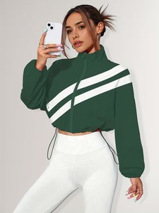 Female Crop Wind <b>Jacket</b> & High Waist <b>Workout</b> Leggings Set | Athletic Running Track Suit | Drawstring Hem Outerwear Combo - Product Image 5