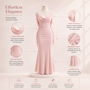 Elegante Vestido Maxi Rosa Pálido con Volantes y Corte en A para Mujer |   Vestido sin mangas con cuello tipo capucha y fruncido para primavera y otoño, ideal para fiestas informales y cócteles. - Product Image 5