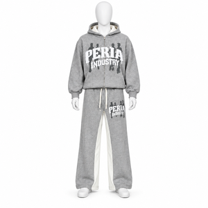 Ensemble survêtement gris imprimé avec sweat à capuche zippé et pantalon de survêtement long et ample – Tenue décontractée streetwear et de détente - Product Image 1
