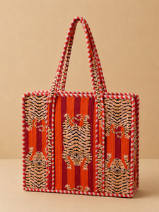 Indian Handmade Cotton Fabric Animal Print <b>Canvas</b> <b>Tote</b> Bag Bohemian Fashion Zipper Closure Lightweight Inner Pockets Red Striped - Product Image 1