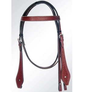 Cabezada, pechopetral y riendas de cuero marrón estilo western, con adornos de cesta ondulada hechos a mano y herrajes de acero inoxidable, fabricante indio. - Product Image 1