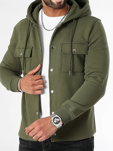 Olive Green Hooded Button-<b>Up</b> Sweatshirt Unisex Regular Fit Casual Autumn Wear Knitted Breathable Long Sleeve 100% Cotton Front - Product Image 4