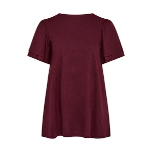 Camiseta informal de manga corta con cuello redondo para mujer, color burdeos, talla grande, corte holgado, para uso diario en verano, Top básico liso y elegante - Product Image 2
