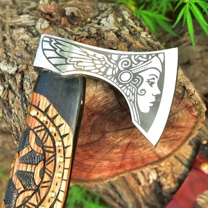 Handmade Viking Bearded Axe with Engraved Carbon Steel Head, Carved Wooden Handle and Leather Grip <b>Wrap</b>, Bushcraft Camping - Product Image 2