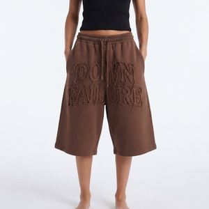 Pantalones Cortos de Felpa Gruesa para Mujer, Estilo Baggy, Largos hasta la Rodilla, con Bordado Desgastado, 450 GSM, de Tejido Terry - Product Image 1