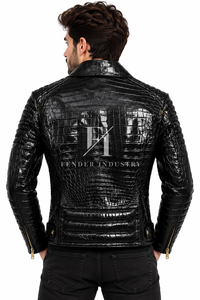 Veste en cuir de crocodile personnalisée pour homme, veste de motard en cuir de crocodile noir gaufré, veste en cuir véritable, streetwear moto - Product Image 3
