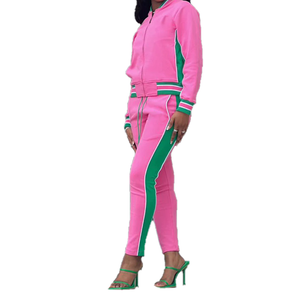 ชุดลำลองสำหรับผู้หญิงสีชมพูและสีเขียว เสื้อแจ็คเก็ตแขนยาวและกางเกงขายาวพร้อมคอตั้งและลายทาง - Product Image 1