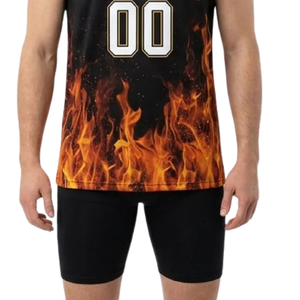 Conjunto de Uniforme de Baloncesto para Hombre, 100% Poliéster, Absorbente de Humedad, Estampado de Llamas, Camiseta sin Mangas con Cuello en V, Pantalones Cortos Ajustados Lisos, Nombre del Equipo - Product Image 6